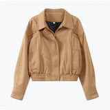 Brown Retro Suede Lapel Zippered Short Jackets Women's Casual Full Sleeves Pocket Loose Coats 2026 Spring Daily Commute Outwear