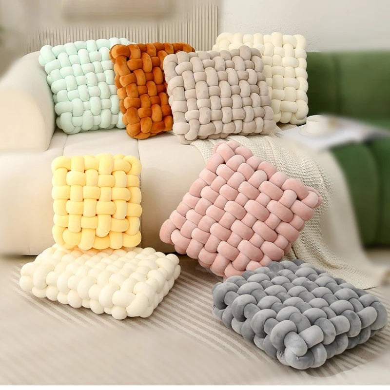 Living Room Soft Plush Knot Cushion,Sofa Pillow Solid Square Hand-Woven Home Throw Pillow,Square Woven Seat Cushion