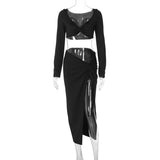 Cryptographic Ruched Long Sleeve Cropped Top and Skirt Co-ords Set Elegant Fashion Club Outfits Asymmetric Split Matching Sets