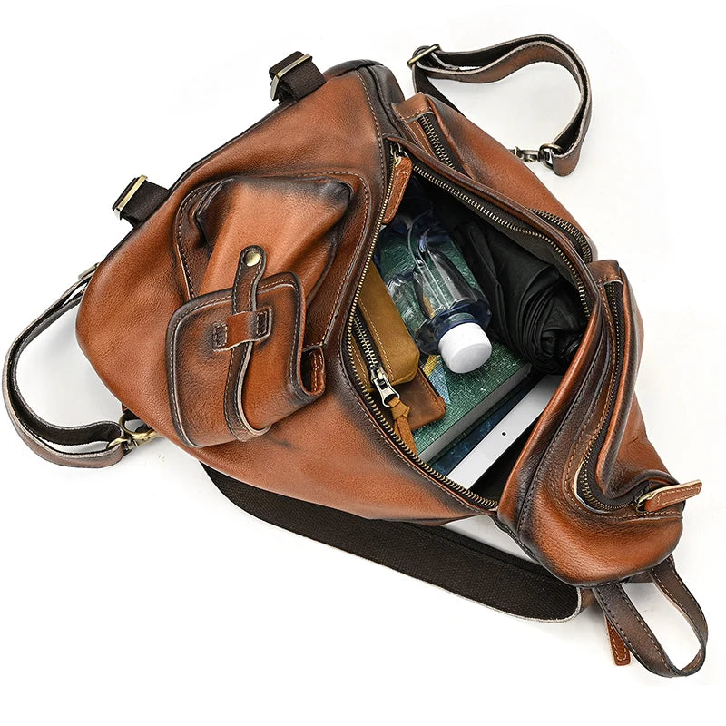 Single Shoulder Bagpack Genuine Leather Chest Bag Outdoor Riding Bag Chest Packs For Biker Men Male Sling Bags Cow Leather