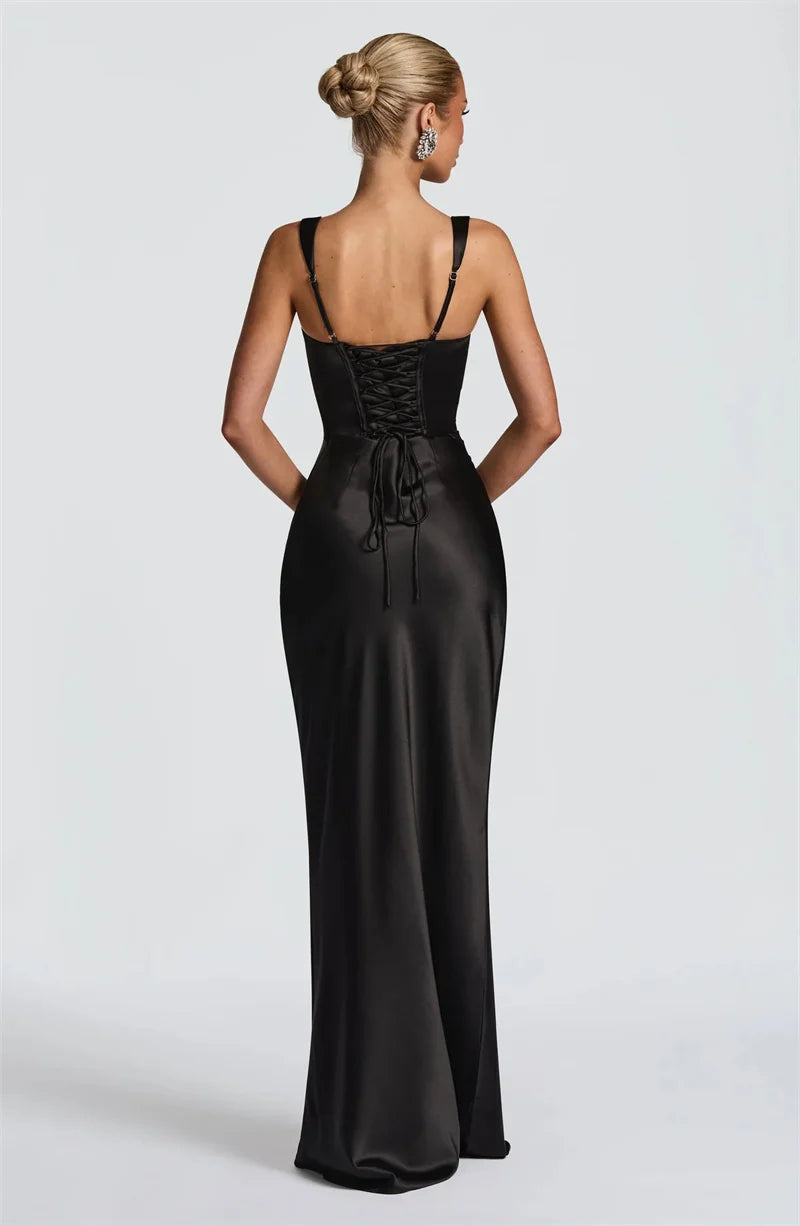 Elegant Backless Satin Maxi Dress – Sleeveless Halter Bodycon Party Gown