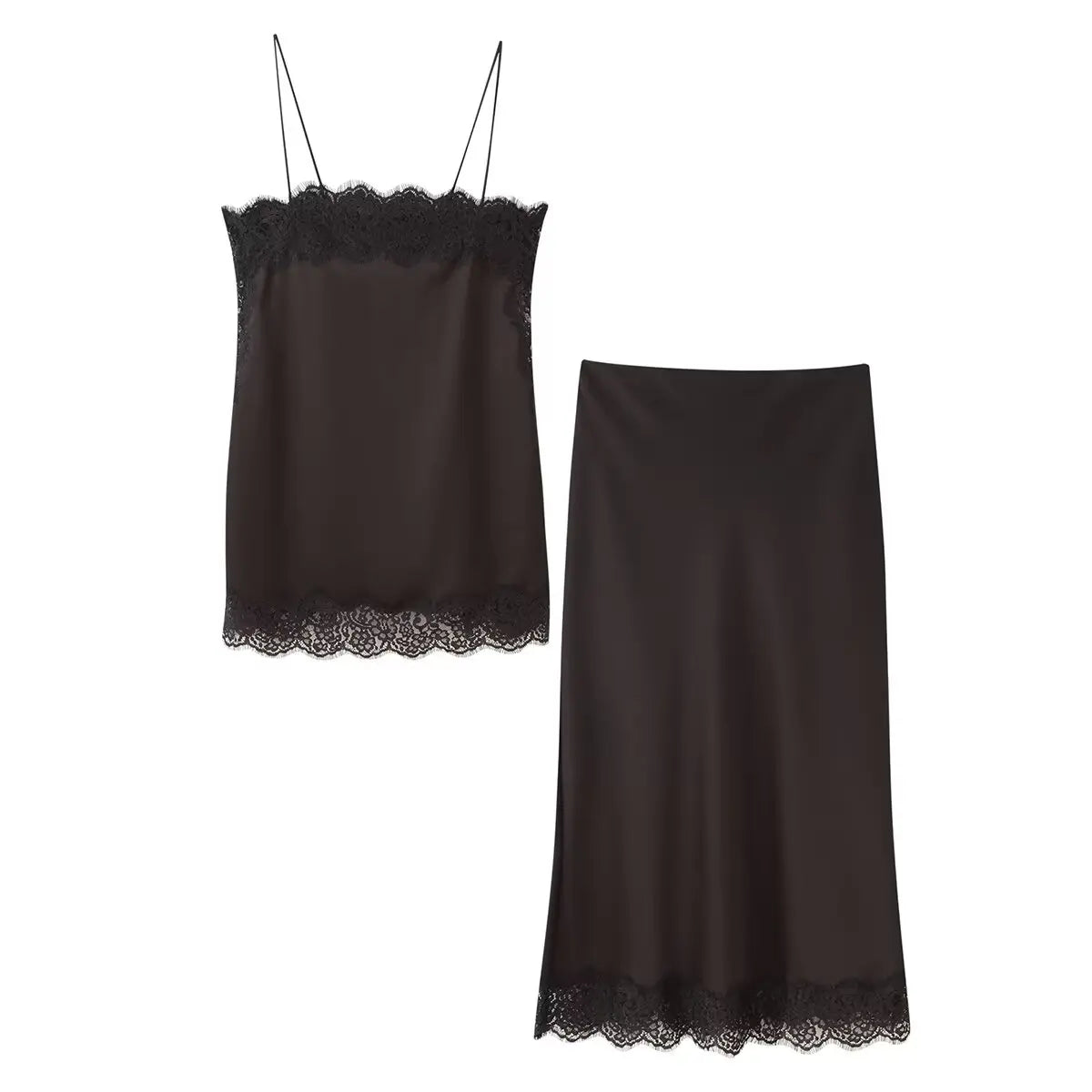 Tidalyf 2025 Women Two Piece Skirt Set Off Shoulder Lace Trim Cami Top with Split Hem Midi Skirt Sexy Elegant Outfit
