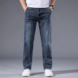 Men's Winter Fleece Thicken Lightweight Business Straight Leg Jeans Solid Color Versatile Slight Elastic Long Pants