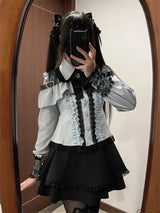 Women‘s Lolita Set Dark Femme Mesh Top & Waist Cinching Skirt, 2025 Autumn Japanese Street Style Coord for Gothic Baddie Fashion
