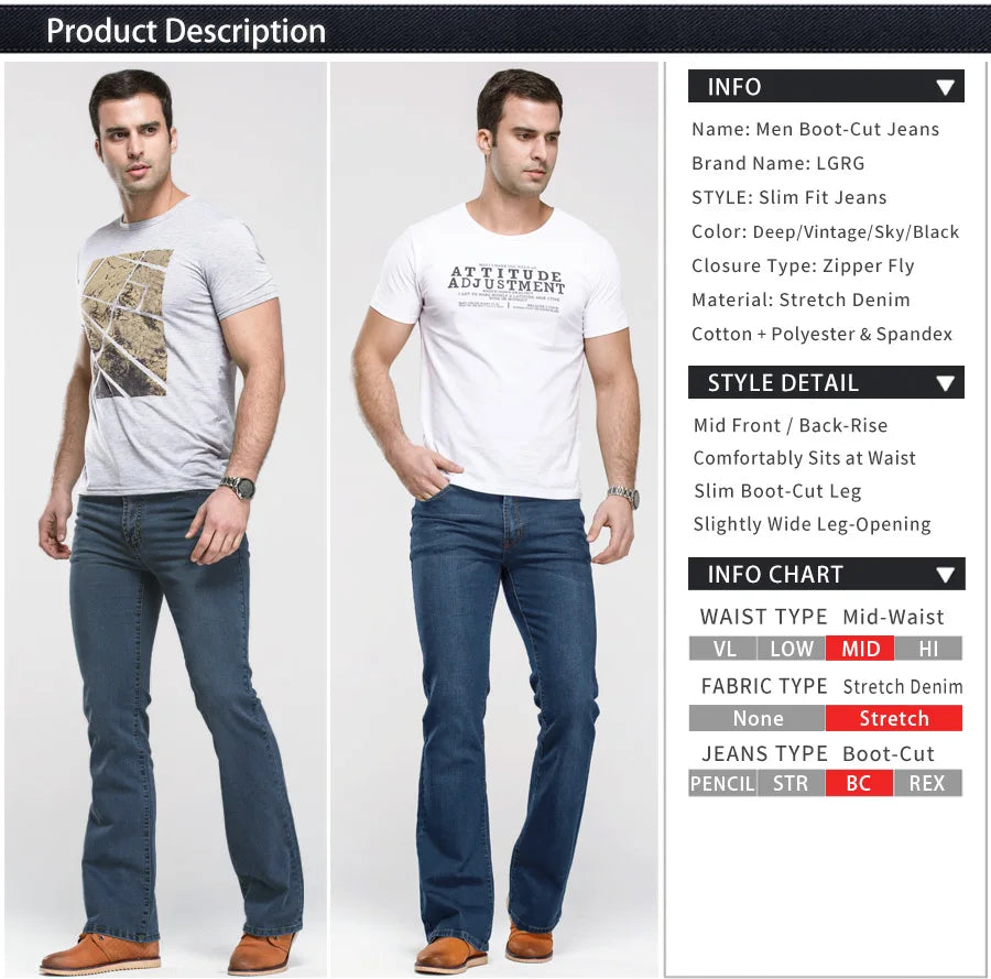 Men's Stretch Bootcut Jeans | Slim Flare Denim Trousers