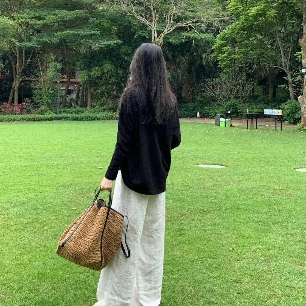 Fashion Vintage Straw Baskets Bag Straw Handmade Woven Beach Bag Korean Style Large Capacity Tote Bag Women Accessory