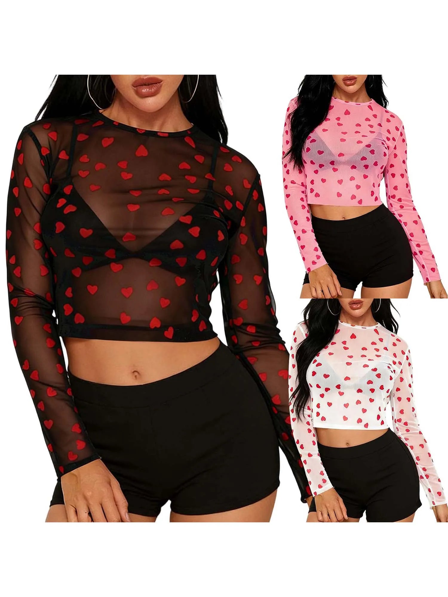 Heart Print Mesh Long Sleeve Crop Top