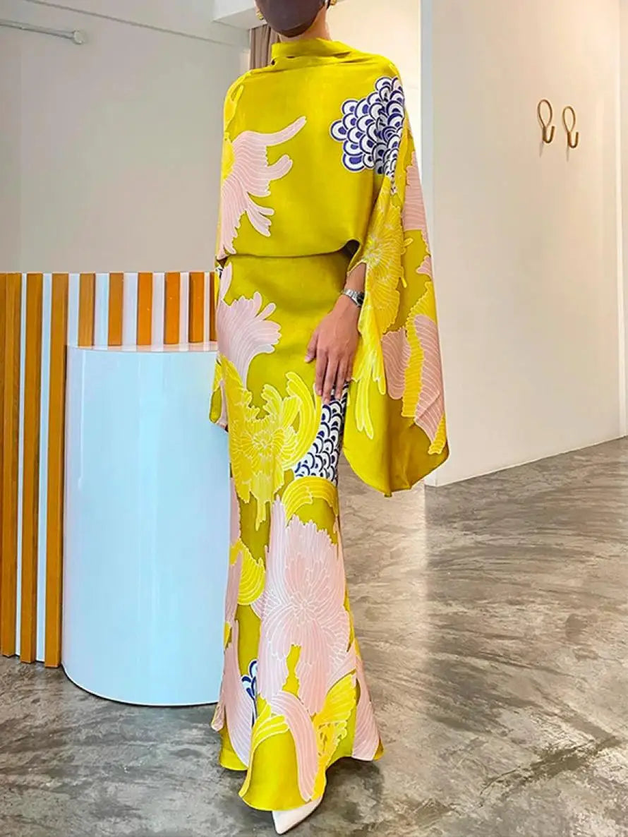 Yeezzi Floral Batwing Blouse & High-Waist A-Line Skirt