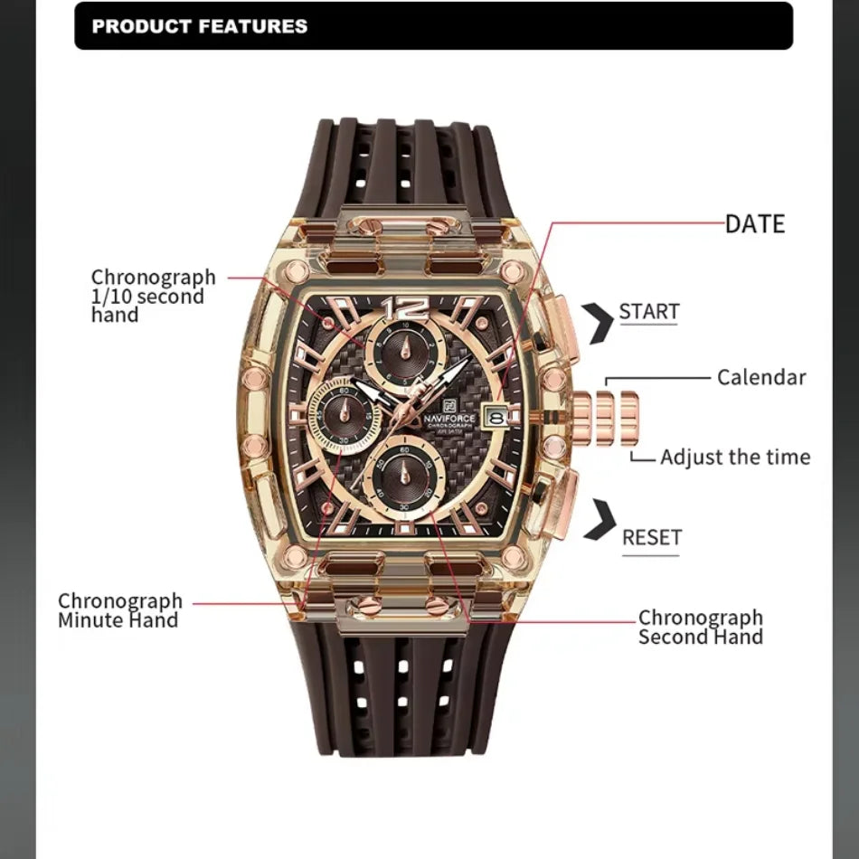 Men's Sport Chronograph – Waterproof Silicone Strap Tonneau Watch