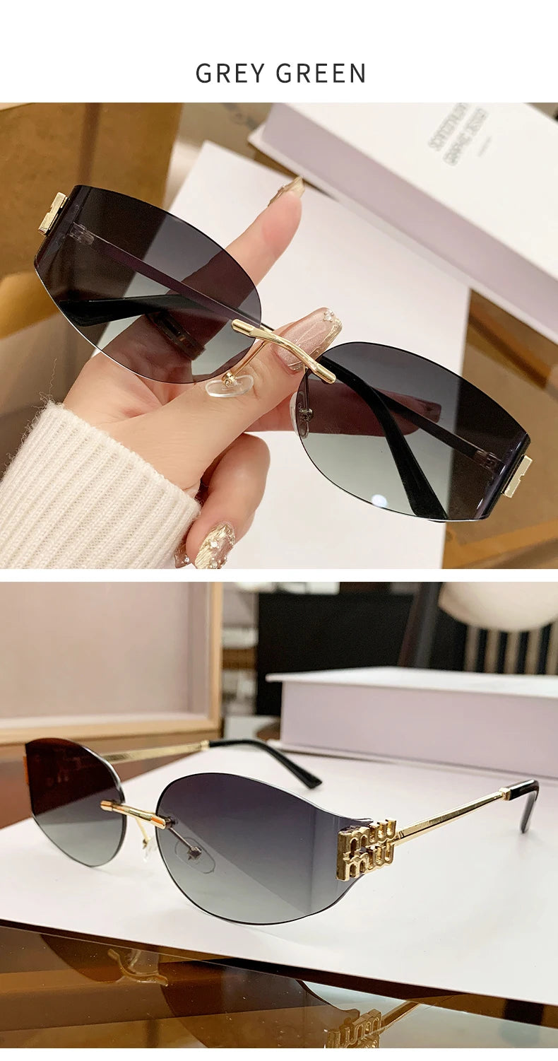 Oversized Rimless Oval Sunglasses – UV400 Metal Frame