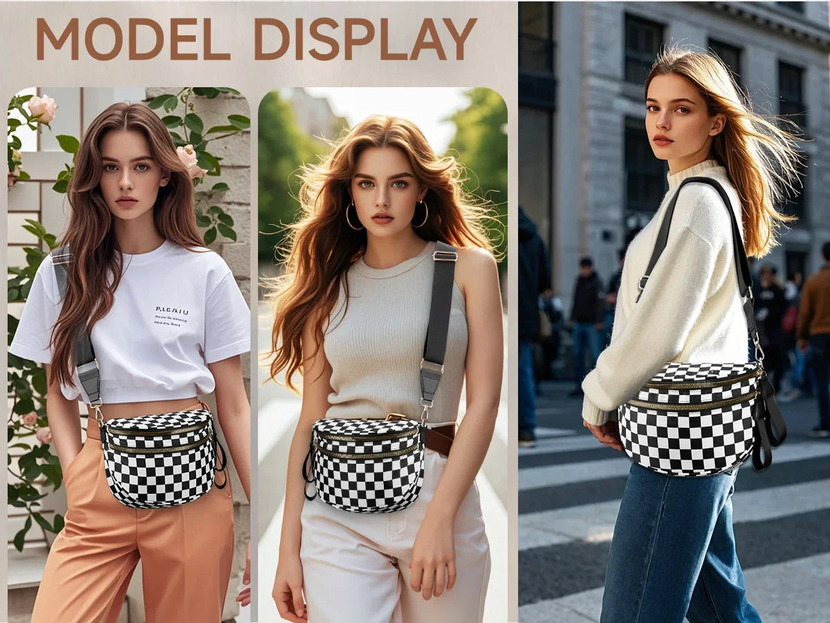 Women Checkered Bum Bag Casual Fanny Pack Large Capacity Crossbody Adjustable Strap Simple Shoulder Mommy Bag Daily Travel Tote