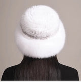 Genuine Knitted Mink Fur Hat with Fox Fur Brim