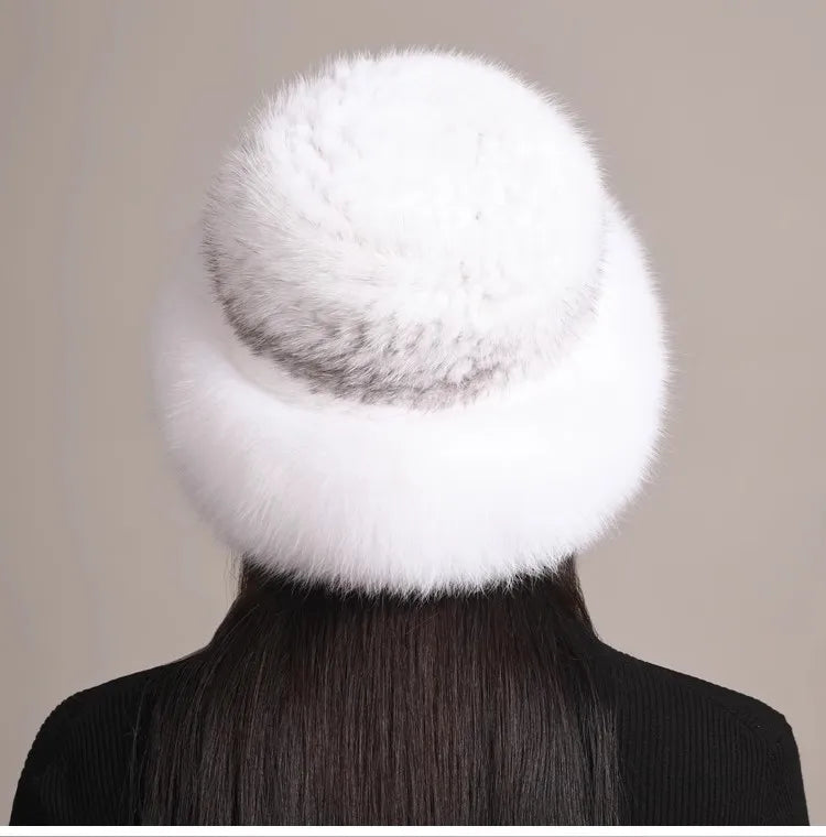 Genuine Knitted Mink Fur Hat with Fox Fur Brim