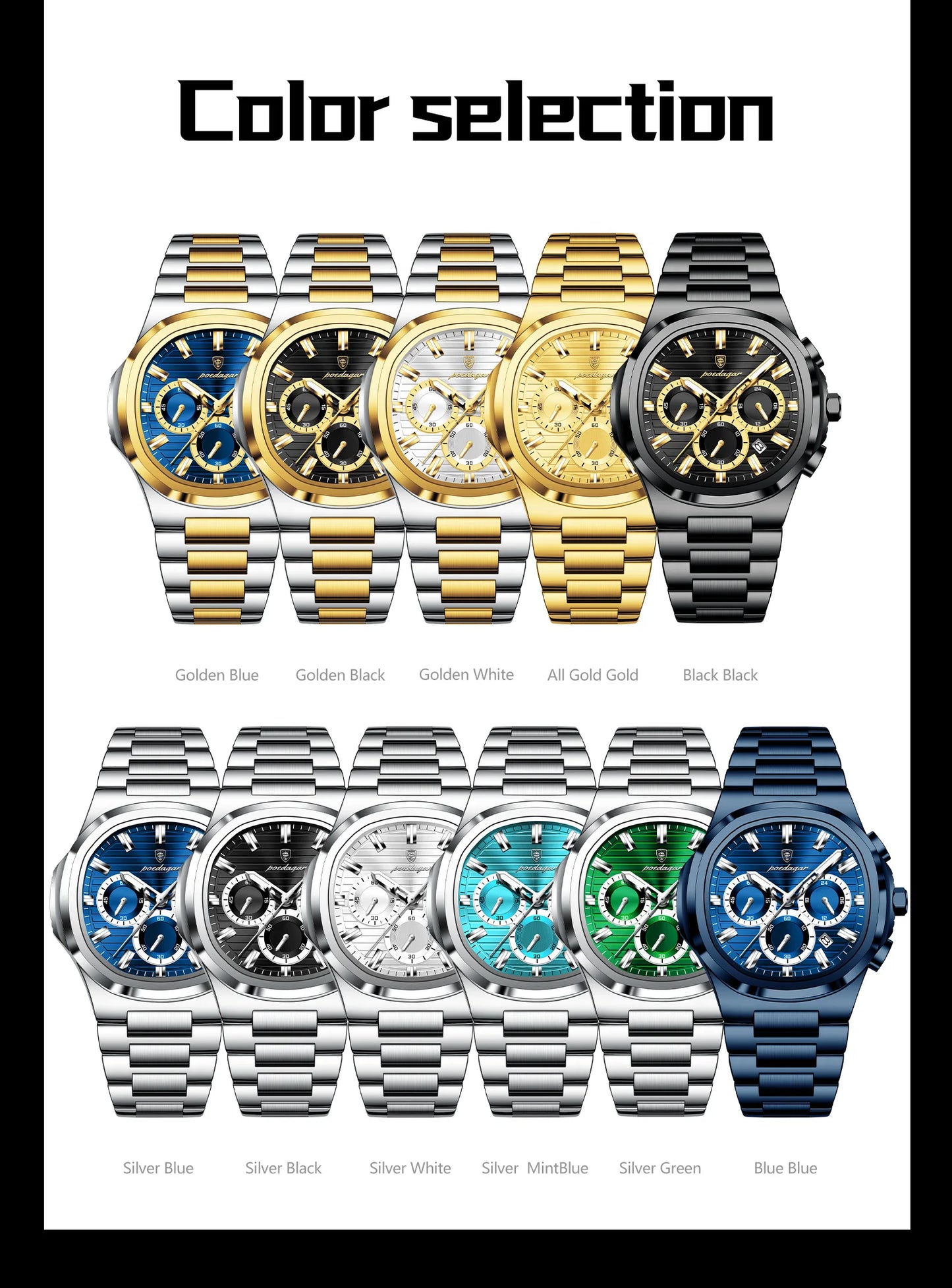 POEDAGAR 834 Men's Luxury Chronograph Watch | Stainless Steel