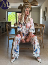 2 Pieces Set for Woman Summer New Elegant Printed Half Sleeves Shirt Tops Suits Fashionable Casual Loose Wide Leg Pants Sets