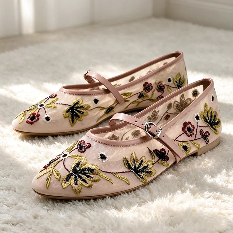 Women's Floral Mesh Mary Jane Flats