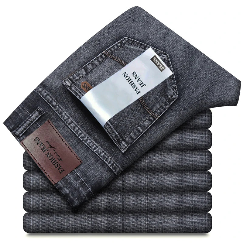 Autumn Winter Men's Jeans Classic Retro Grey Denim Pants Man Work Slim Straight Stretch Cotton Trousers Streetwear Plus Size 40