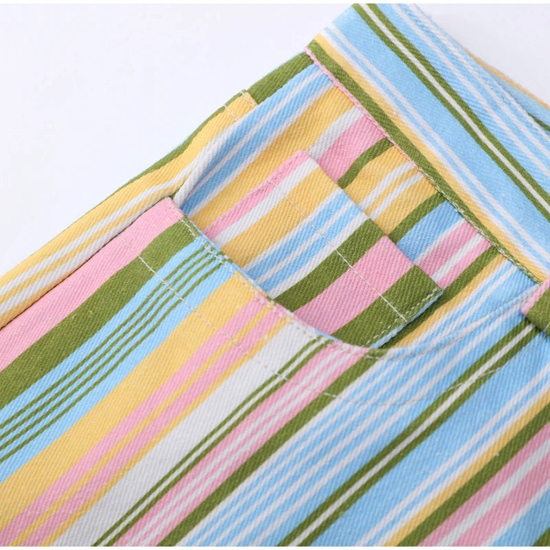 Street Striped Jeans Women's High-Waist Pockets Wide-Leg Trouser 2026 Spring Summer Retro Multicolor Vertical Stripe Denim Pant