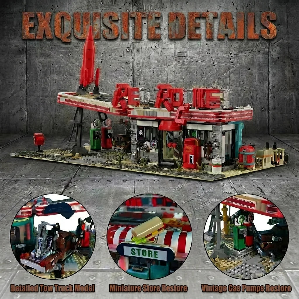 Movie Game Red Abandoned Gas Station Architecture Doomsday House Modular Building Blocks Model Kit Adult DIY Gift 2221PCS