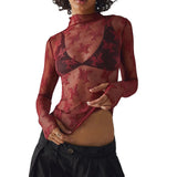 Floral Lace Sheer Mesh Long Sleeve Top