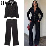 HXAO Black Denim Pant Sets Women's Two Pieces Set Slim Long Sleeve Shirt 2 Piece Sets Woman Outfit High Waist Flare Trousers Set