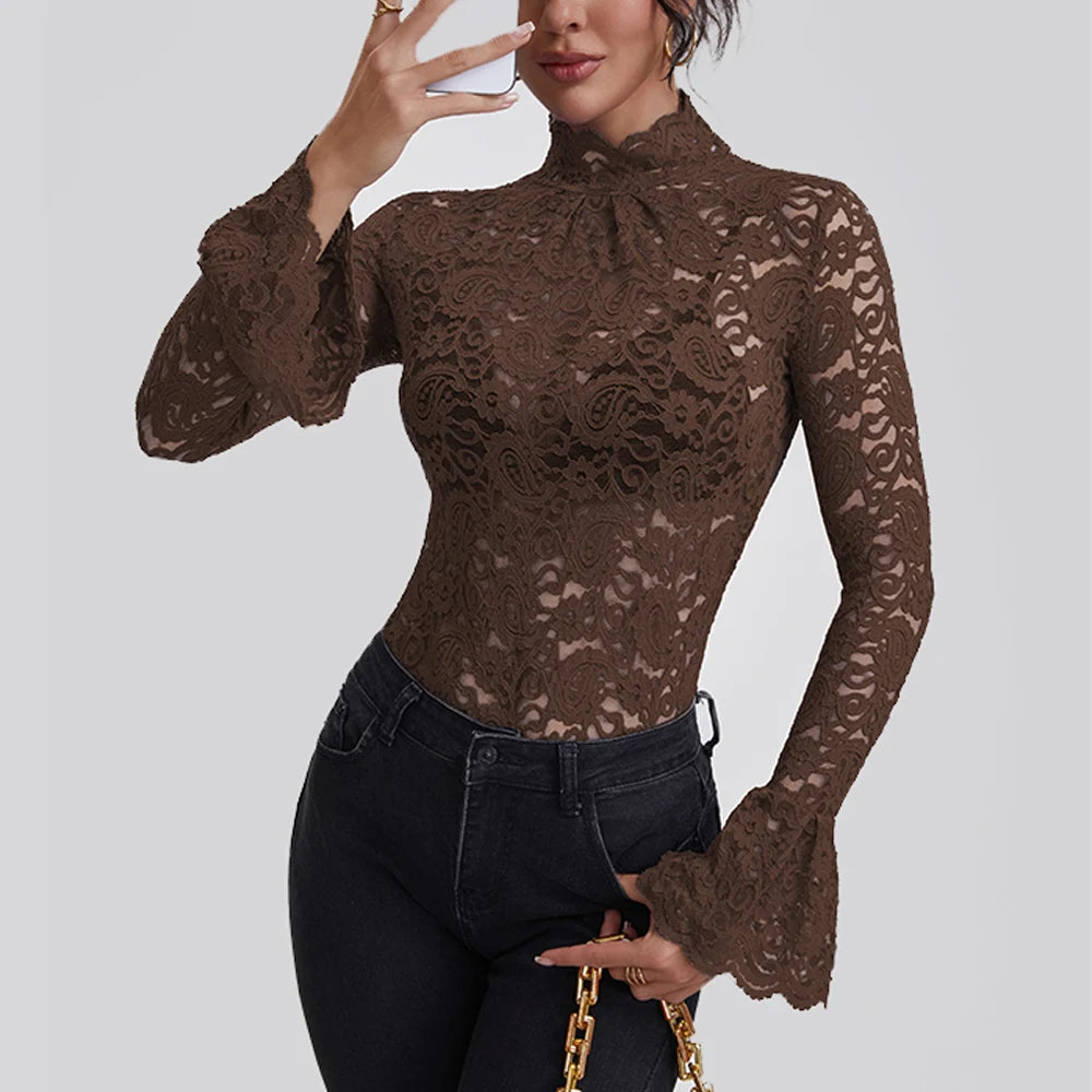 Elegant Floral Lace Turtleneck Blouse