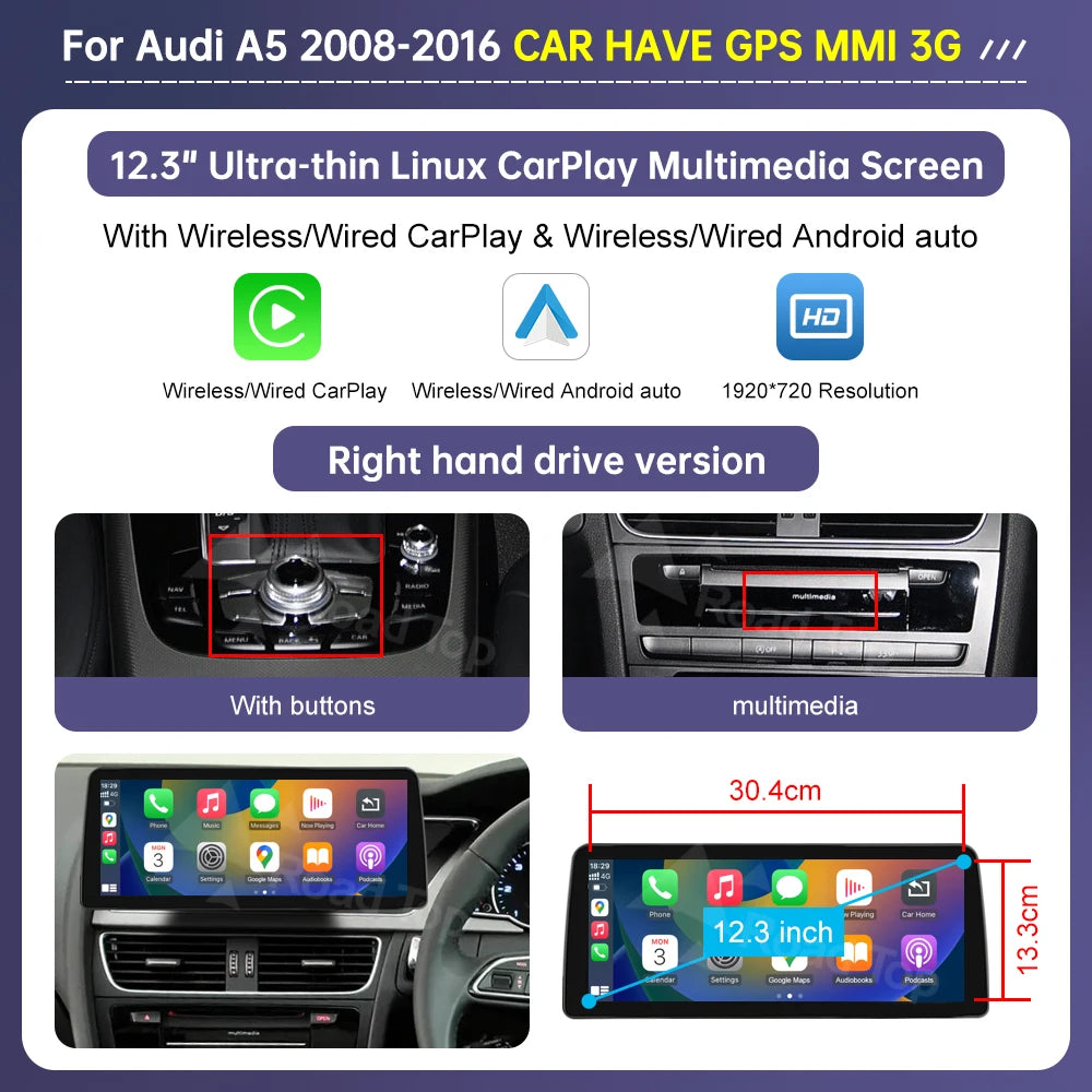 Road Top 8.8"/12.3" Touch Screen for Audi A5 2008–2016