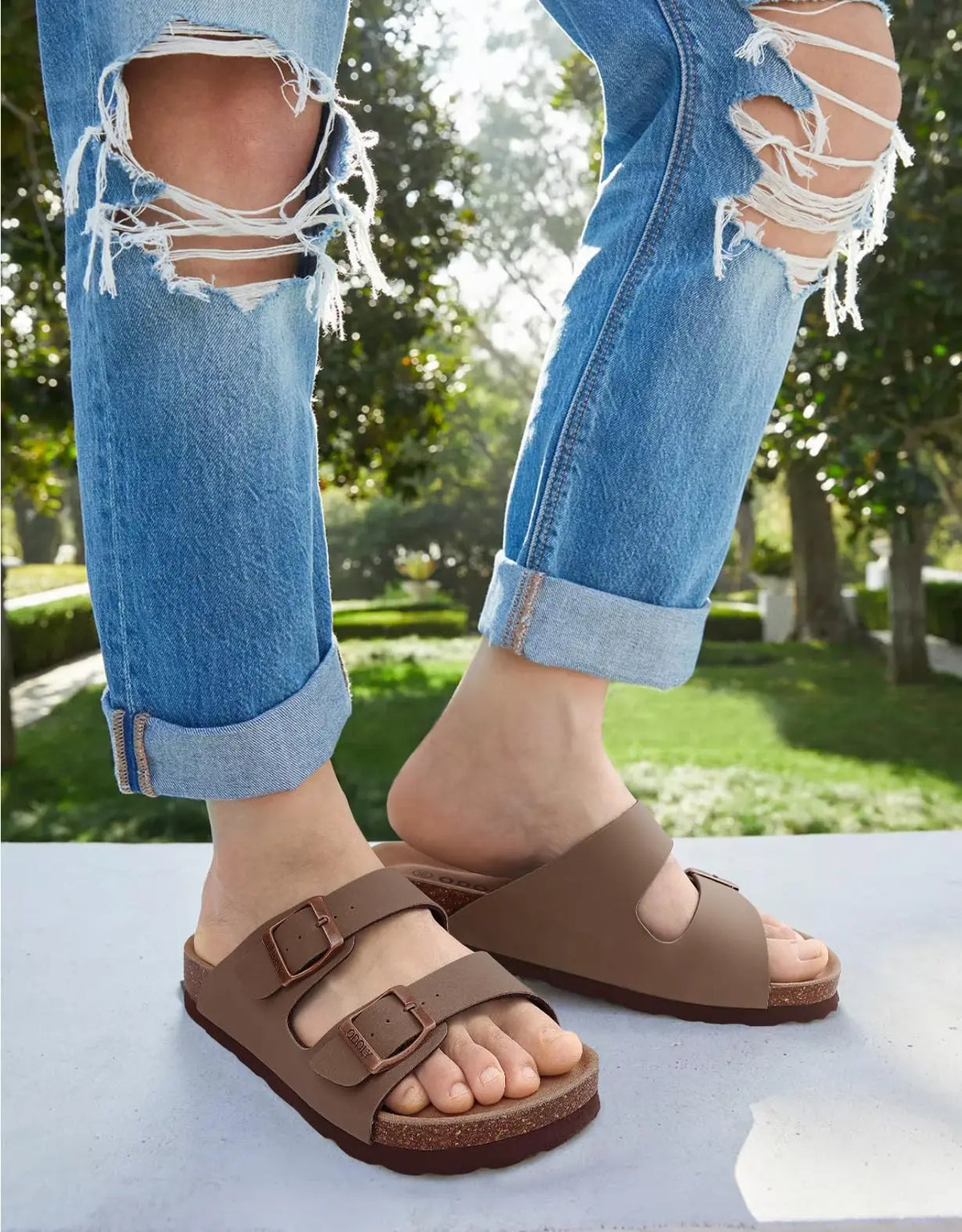 Comwarm Men's Cork Footbed Slides Sandals Arch Support Summer Outdoor Sandals with Adjustable Buckle Leisure Men Leather Slides