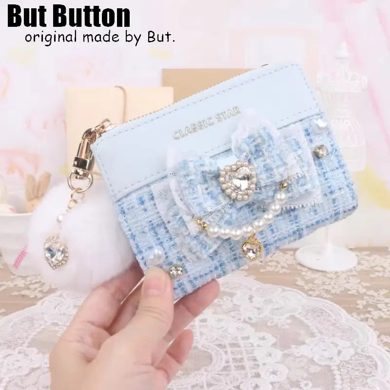 Kawaii Sweet Japanese Lolita Bow Wallet JK Harajuku Y2K Lace Rhinestone Short Wallet Mini Purse Card Holder Women Girls Gift