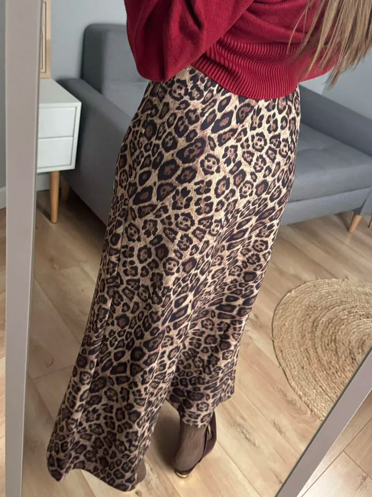 Leopard Print Suede Maxi Skirt – Women's Autumn Winter