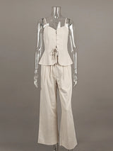 Mueyaruho Women 2026 Summer Office Pant Set Suits Solid Beige Outfits 2 Two Piece Wide Leg Matching Set For Women