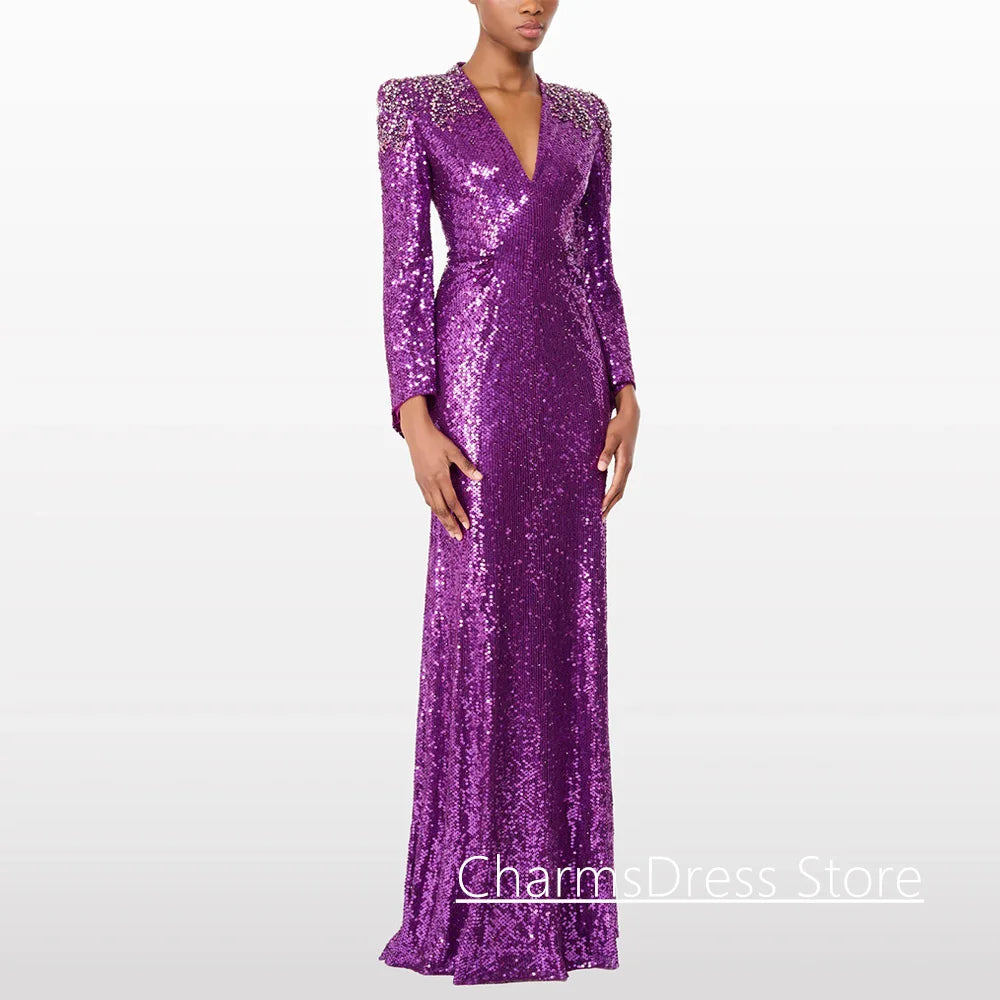 Sparkling Sequined Evening Dress Customized Deep V Neck Beading Crystal Formal Party Gown Robe De Soiree Prom Dresses
