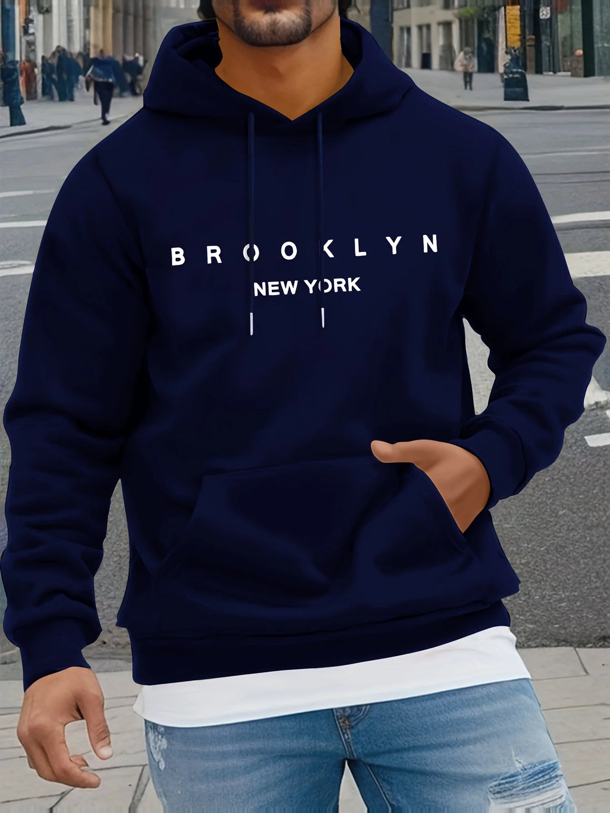 Men's Autumn and Winter Casual Fashionable Loose Brooklyn Classic Letter Printed Long-Sleeved Warm Hooded Pullover