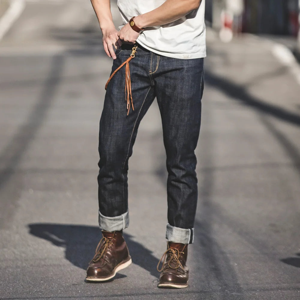 Maden Men's 14oz Raw Selvedge Denim Jeans Vintage Straight Fit Horsehide Leather Patch Paris Buckle Jeans for Autumn and Winter