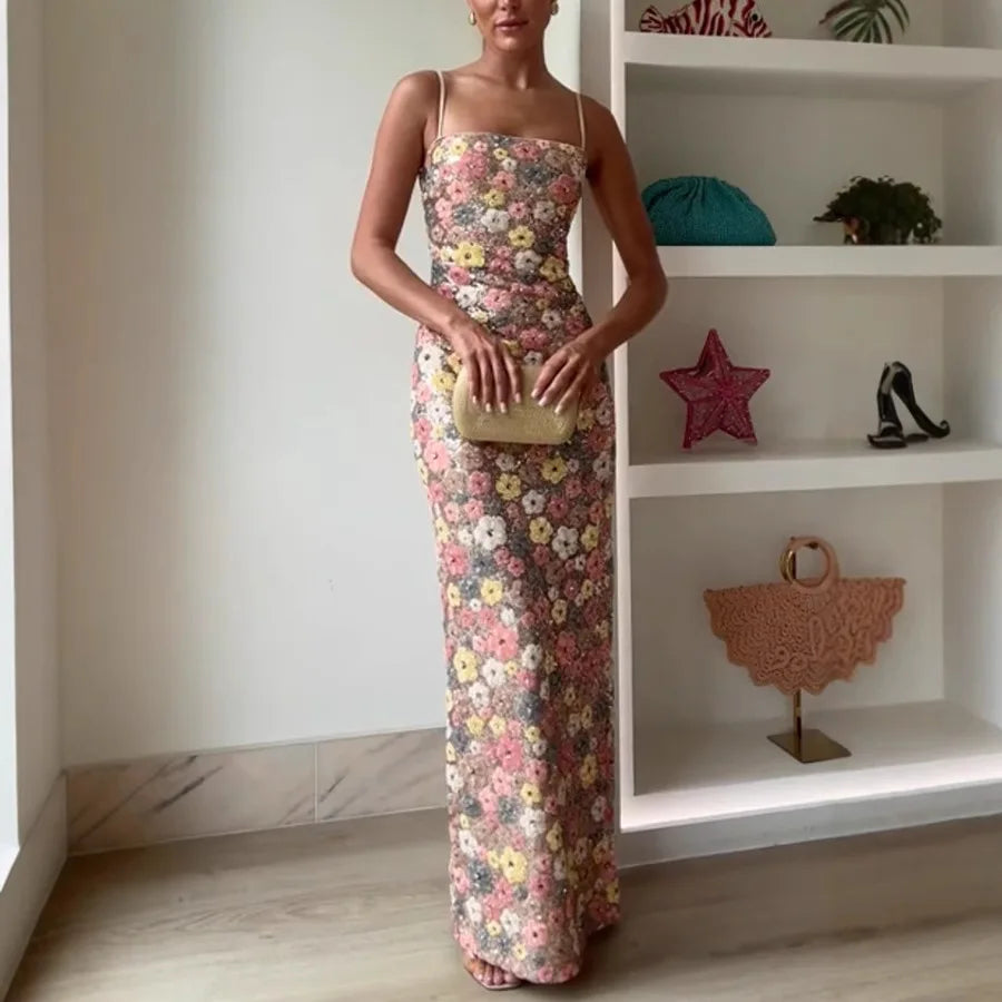 Boho Sequin Floral Maxi Dress – Slim Fit Empire Waist Summer Party Gown