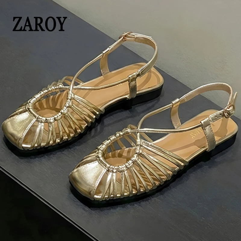 Women's Narrow Band Roman Flat Sandals — Buckle Strap Gladiator Beach Shoes