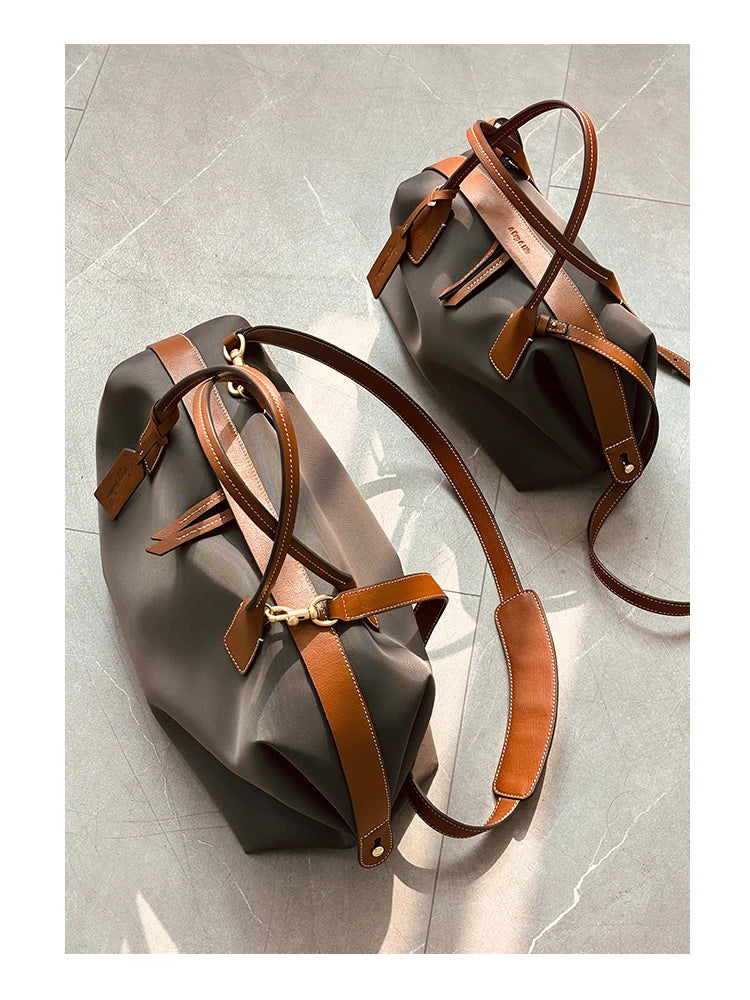 Women's Nylon With Genuine Leather Zipper Tote Lightweight Soft Travling Bags Versatile Style Handbag Different Colors And Size