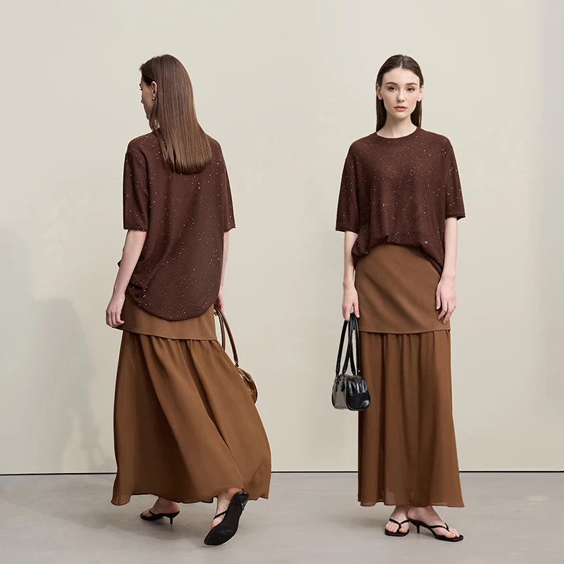 Amii Women's Skirt 2026 Autumn New Elegant Patchwork Chiffon Long Skirt Solid Color Straight Versatile Woman Clothes 12641047