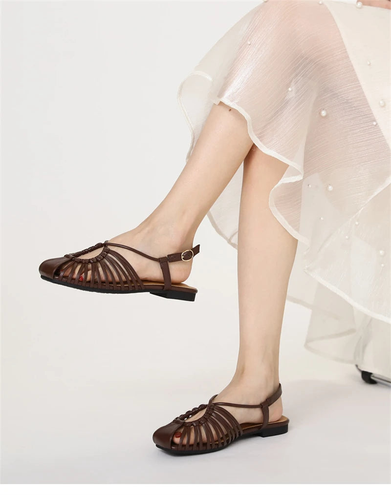 Women's Narrow Band Roman Flat Sandals — Buckle Strap Gladiator Beach Shoes