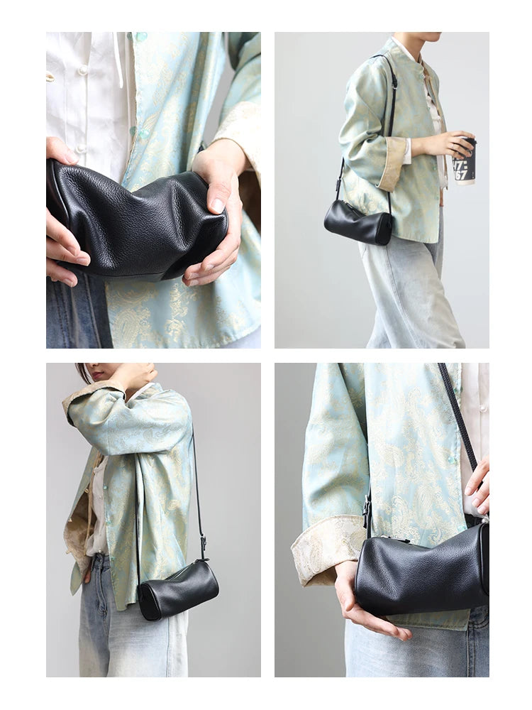 Full Grain Leather Soft Balck Small Size Crossbody Bags For Women Luxury Adjustable Shoulder Strap Underarm Bag Portable Handbag