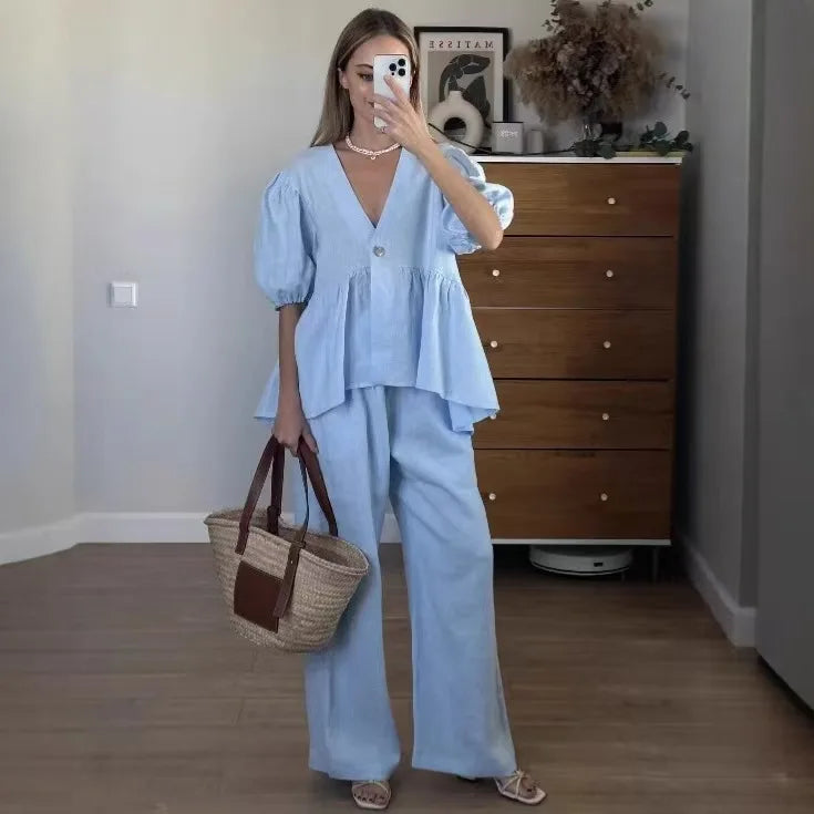 2025 New Women Solid Color V-Neck Bubble Short-Sleeved Trousers Suit Summer Women Short T-Shirt Top + Long Pants Two Peice Sets