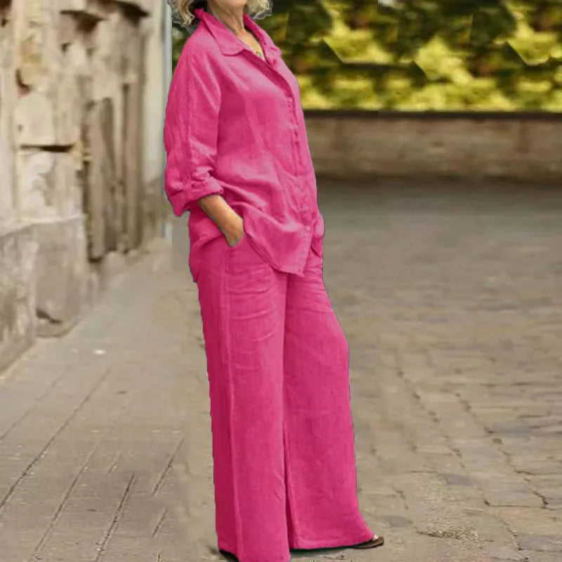 Fashion Cotton Linen Shirt Long Sleeved Women's Set Spring Autumn Loose Cotton  Linen Wide Leg Trousers Female Office 2piece Set