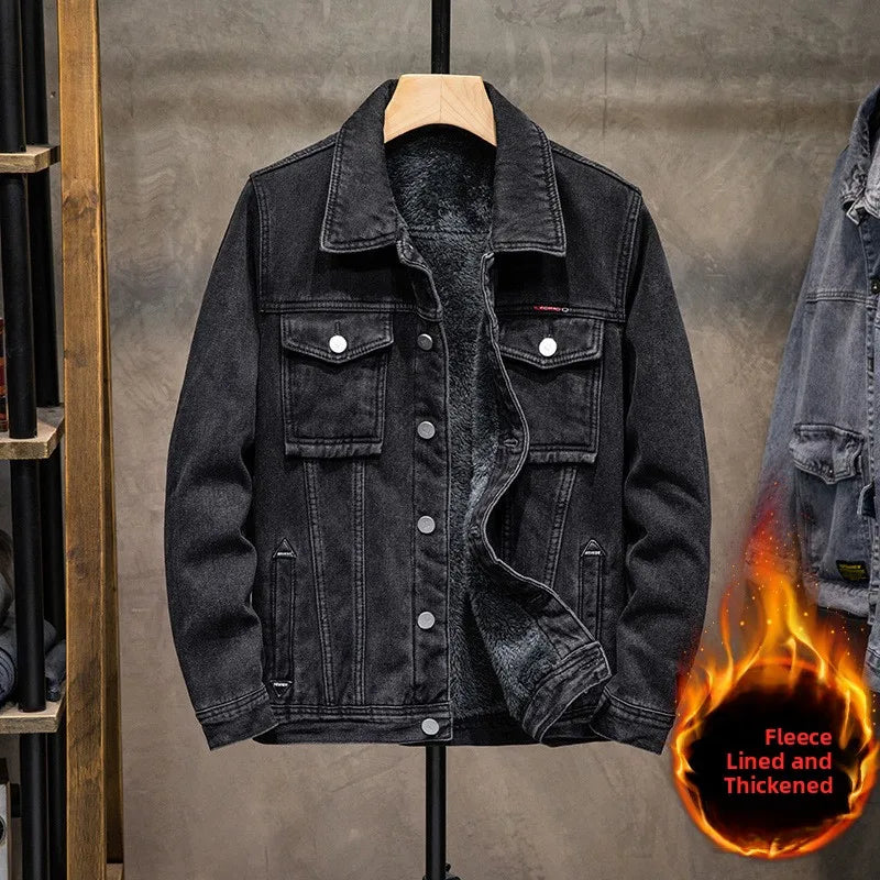 Trendy Workwear Casual Denim Jacket Thickened Fleece Lined Men's Clothing Versatile Jeans Outerwear for Youth
