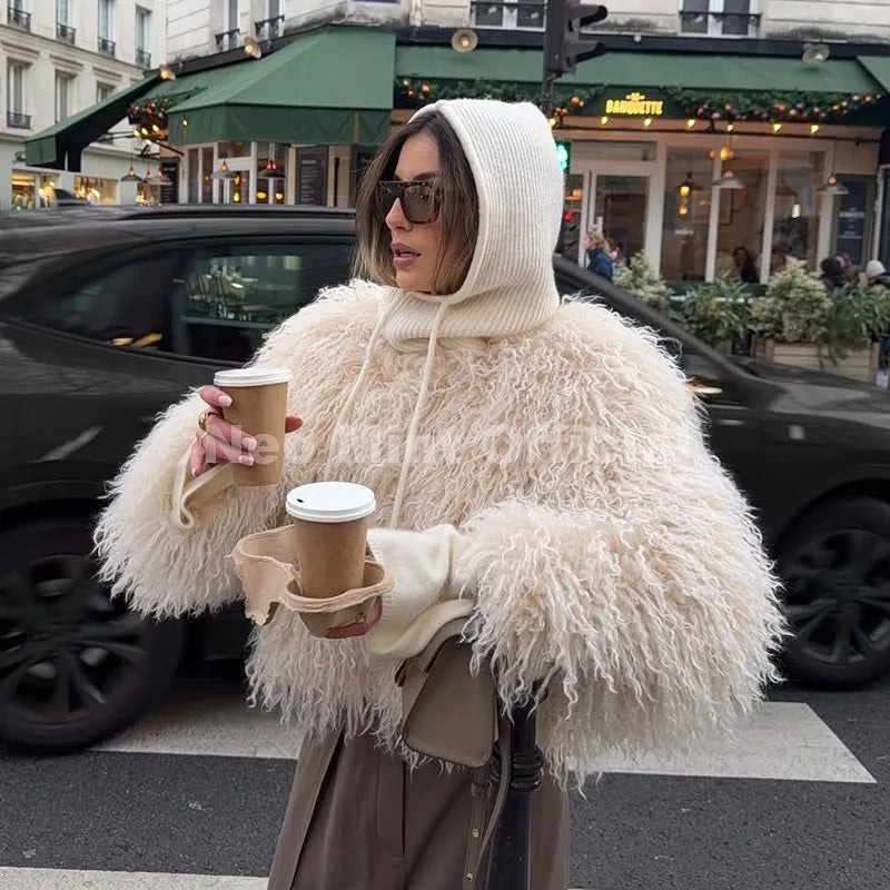 Chic Faux Mongolia Sheep Fur Cropped Jacket