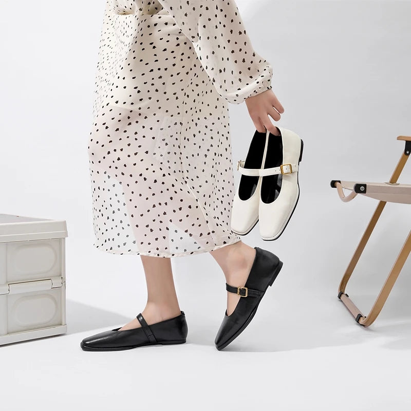 AIYUQI Mary Jane Ballet Flats | Genuine Leather Square Toe