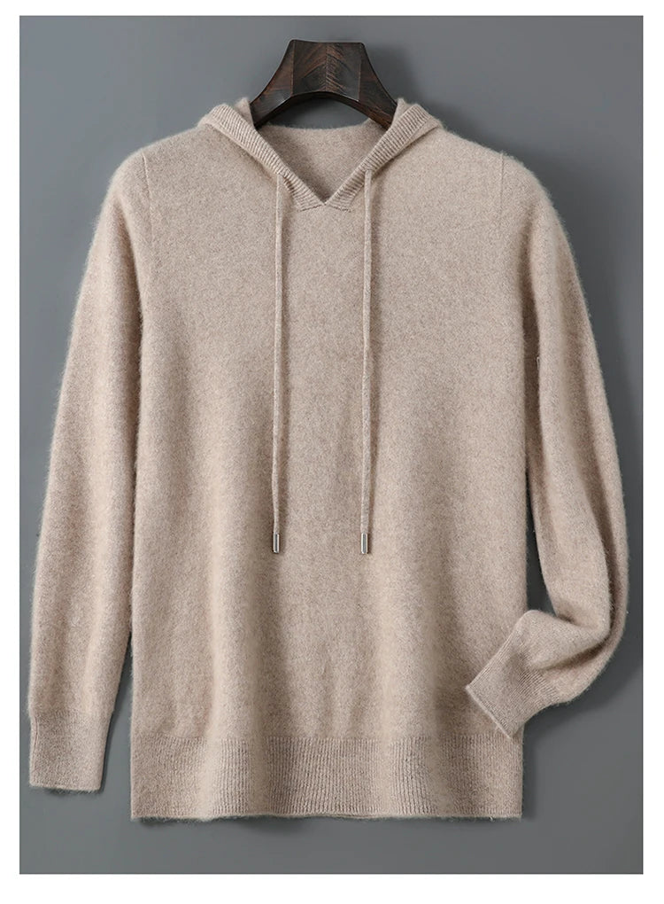 DjzDsm Autumn Winter Men's Sweater 100% Merino Wool Thick Hooded Pullover Soft Knitwear Casual Comfort Wool Clothing Tops