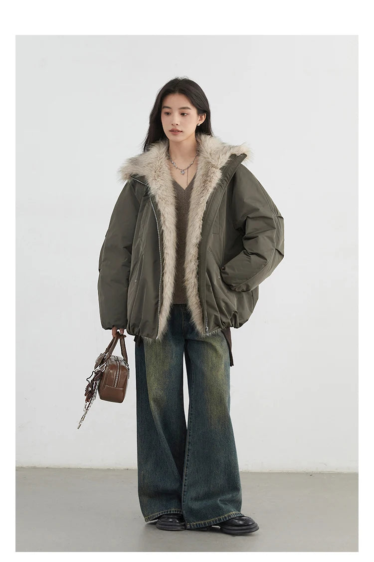 Women's Hooded Down Jacket with Faux Fur Collar