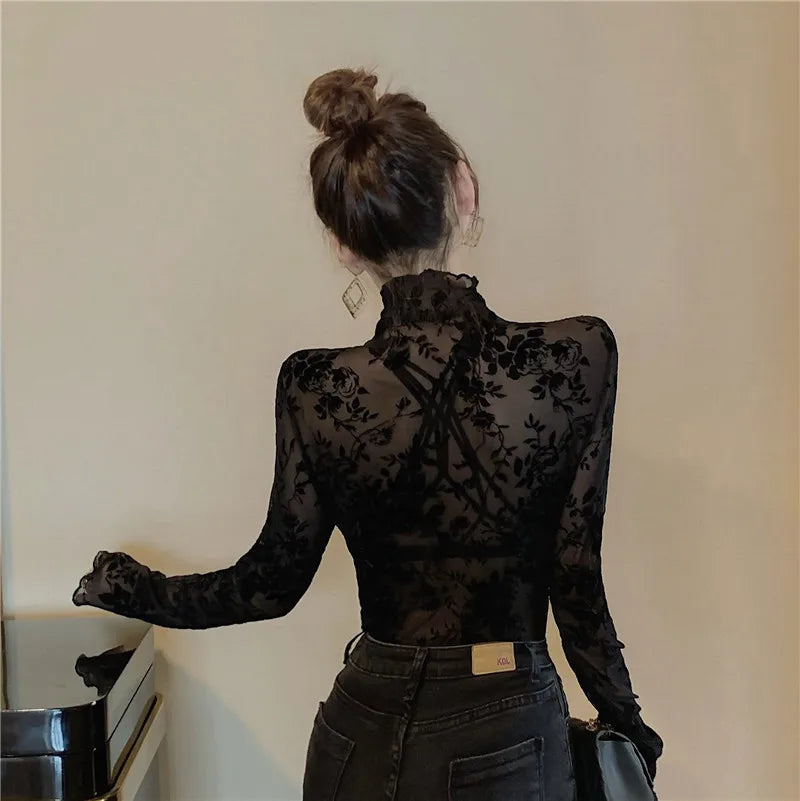 Women's Flocking Mesh Long Sleeve Top Floral Turtleneck