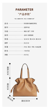 Autumn Winter High-End Leather Bucket Bag Drawstring Pleated Soft Cowhide Single Shoulder Tote Lucky Bag for Women