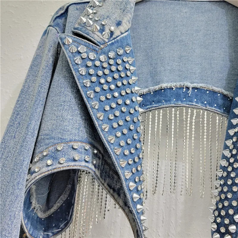 USA-Made Rhinestone Tassel Denim Jacket | Crystal Fringe Backless Festival Coat